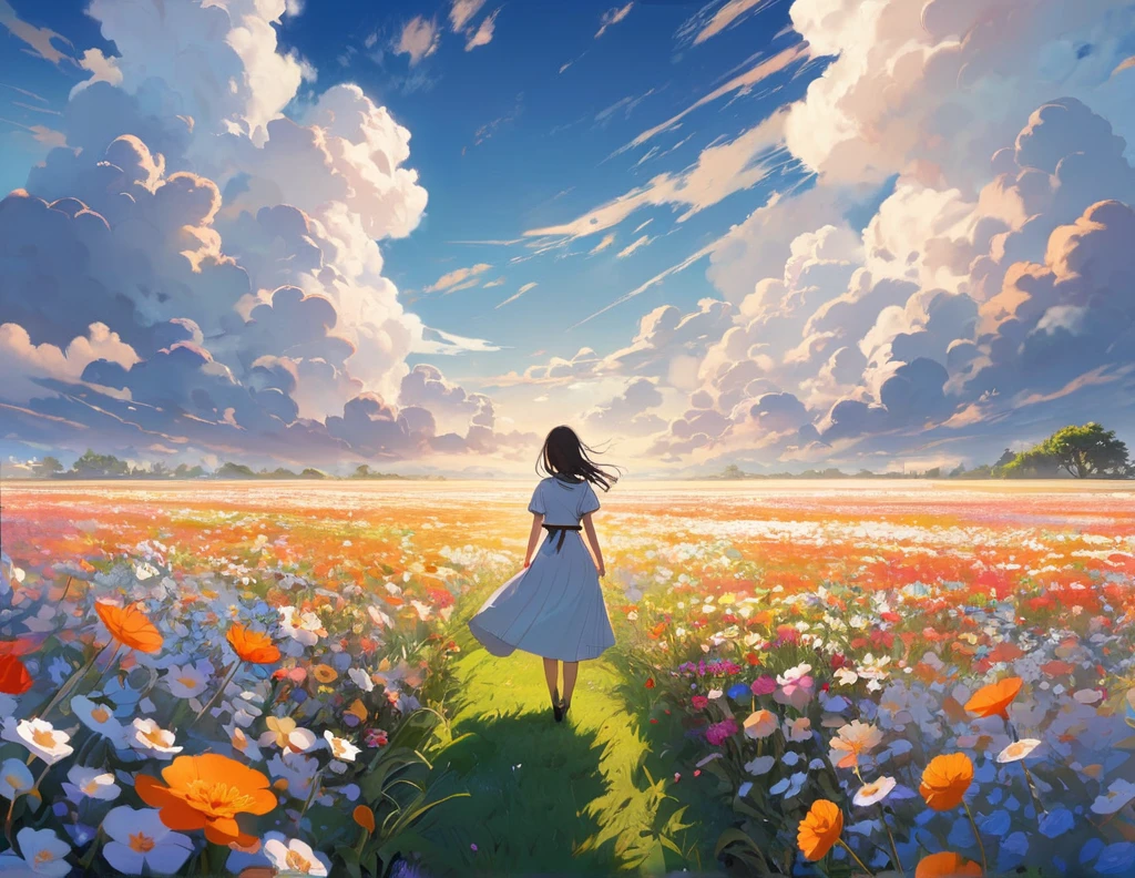 (masterpiece, Highest quality:1.2), One girl, alone, flower field, big clouds, shapes in clouds 