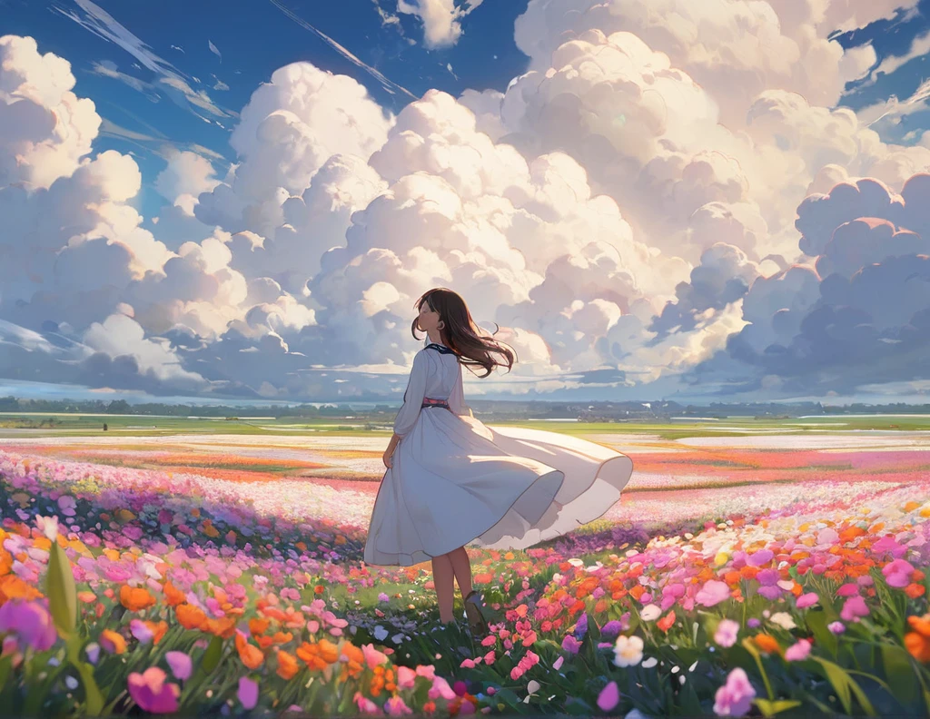 (masterpiece, Highest quality:1.2), One girl, alone, flower field, big clouds, shapes in clouds 