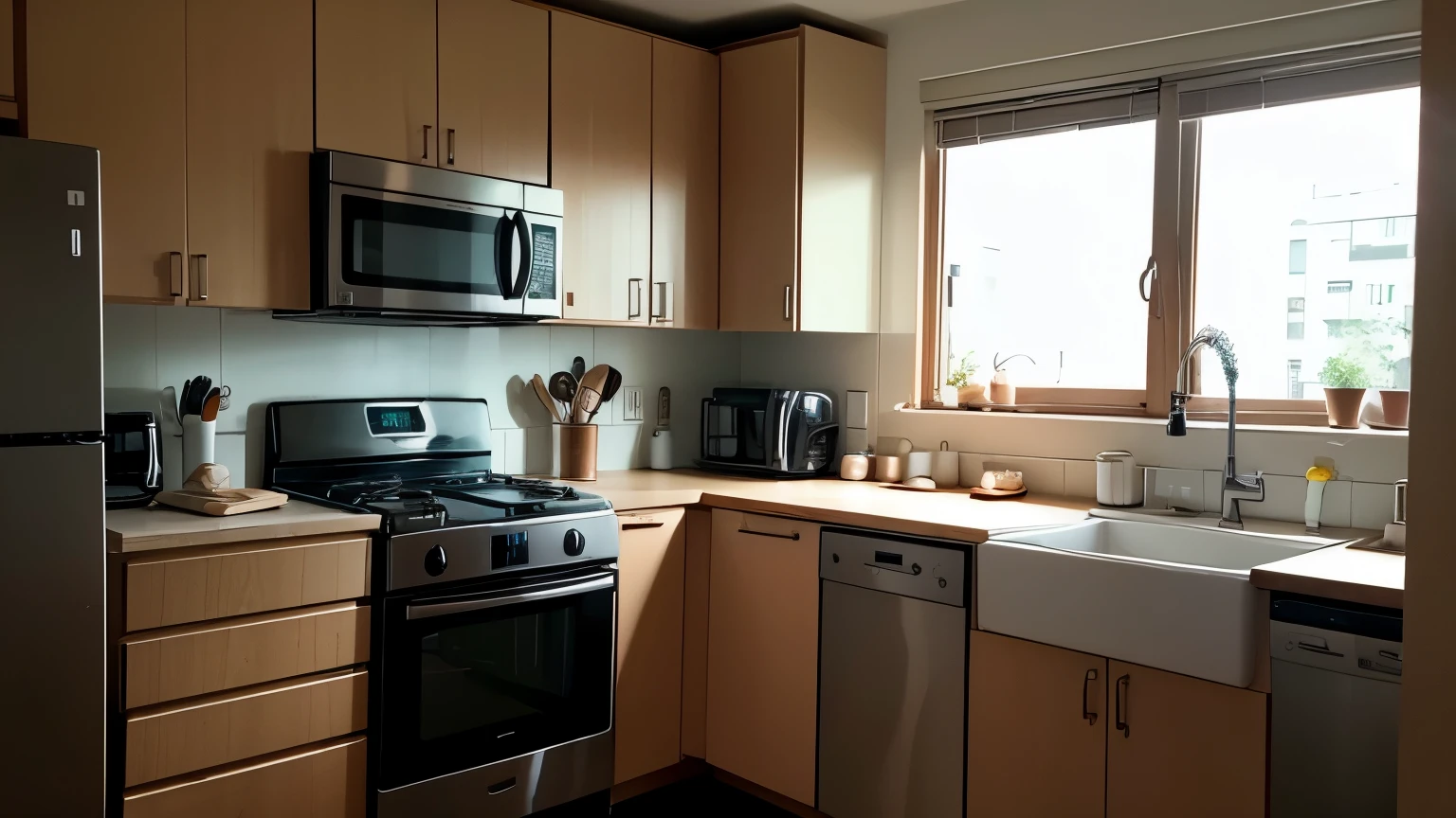 kitchen of a middle-class apartment. Cozy feeling. cinematic lighting