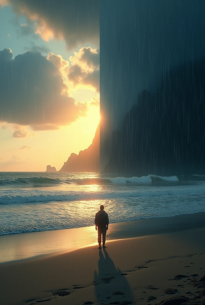 A beach where one half is daytime and the other half is rainy night 