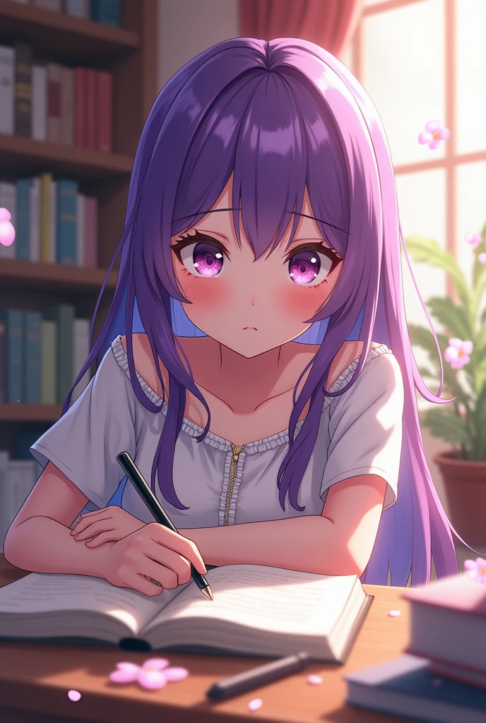 Anime girl with purple hair, studying, with feet showing