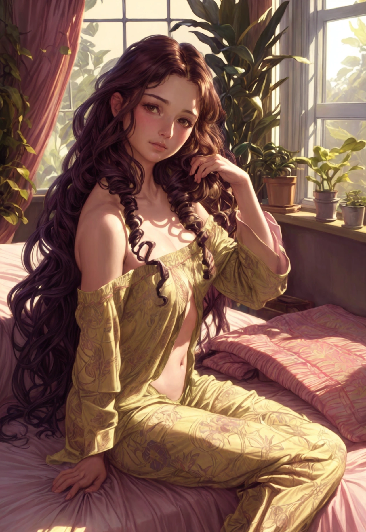 (photorealism:1.2), beautiful woman, sitting on bed, wearing loose off-shoulder top, pajama lowered panties, long curly hair, indoors, soft lighting, plants in background, window with sunlight, cozy room, relaxed pose, realistic, intricate details, warm colors, by Greg Rutkowski, by Alphonse Mucha