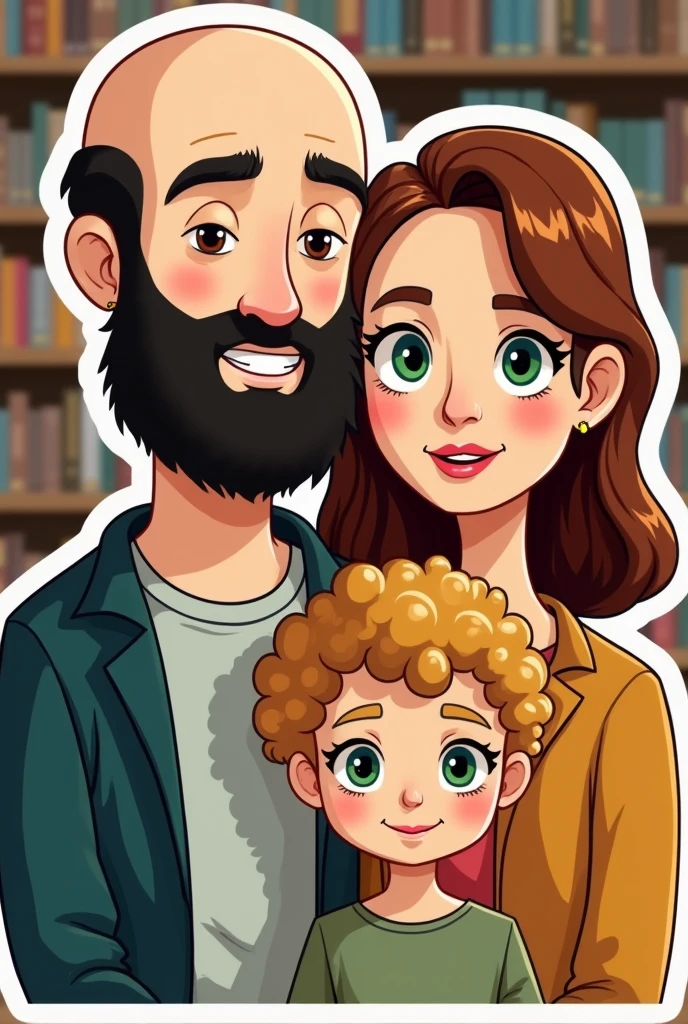 a tall father, offwhite, calvo, black beard, greeneyes ao lado de sua esposa, white, auburn brown hair, smooth with no bangs, partido no meio e greeneyes ao lado de sua filha mulher adulta, white, greeneyes, curly and blonde hair. sticker style illustration, bookstore background
