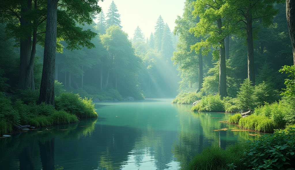 A lush, green forest with tall trees and dense foliage surrounding a serene lake.