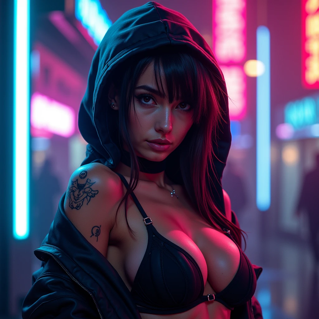 Gothic woman, black hear, background cyberpunk city, sexly, seminua, Jenna Ortega