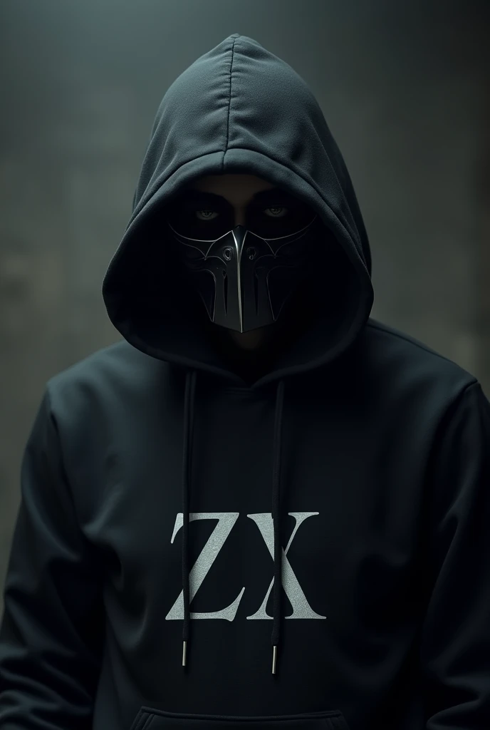 a guy in a black hoodie with a mask written ZX and with a hood