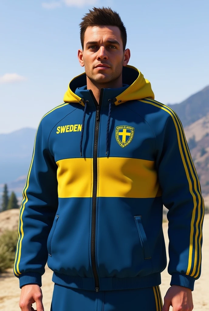 make a nordic themed sweden team jacket with blue and yellow details, inside the gta 5 game 
