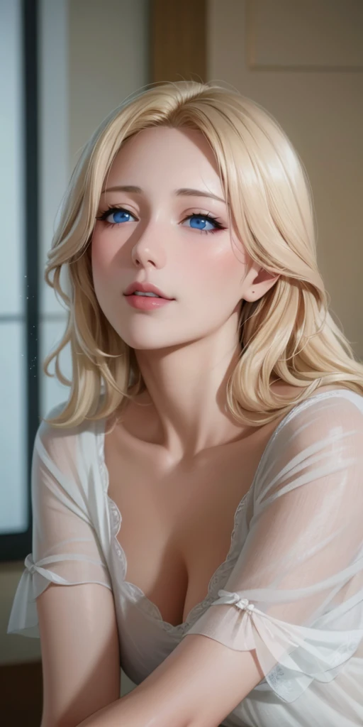 Elegant mature female, milf, blue eyes, blonde hair, soft light, high detailed, 4k resolution, high quality, beautiful cg,