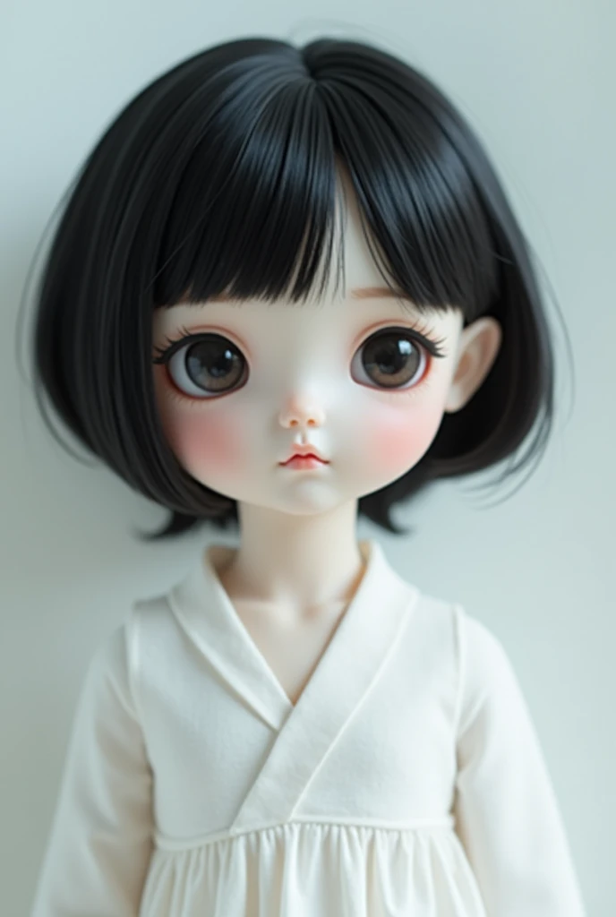 A white doll with short, straight black hair