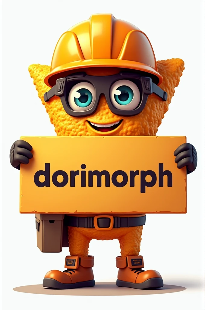 Create a logo of an animated Dorito engineer holding a sign that says 'dorimorph'