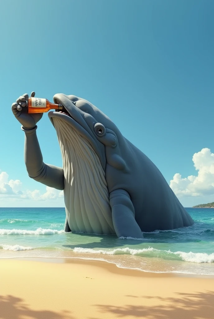 A whale drinking alcohol on the beach