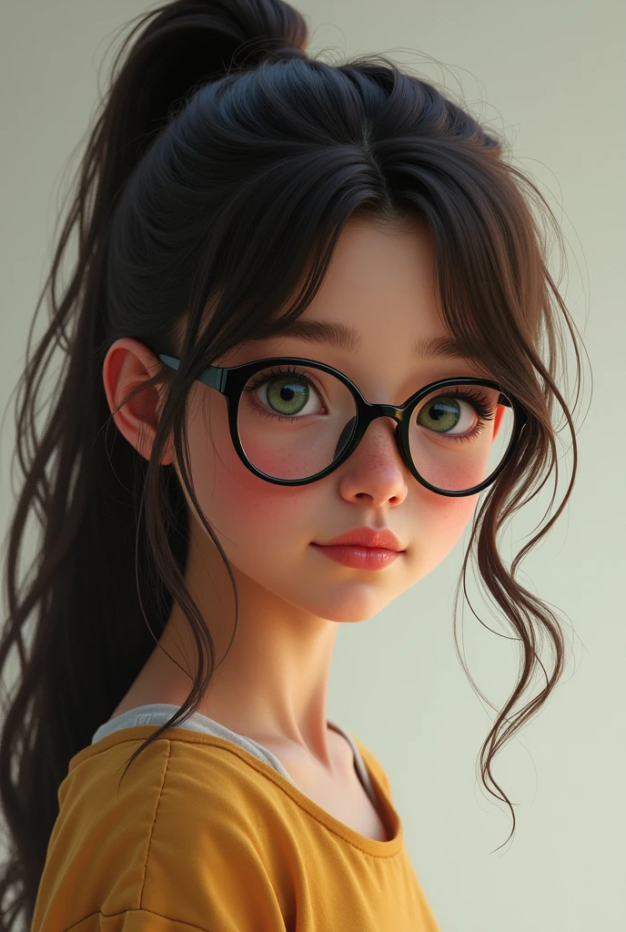 A 13 year old girl with a chubby face but high cheekbones, prominent eyebrows and full lips. Her long, thick dark brown hair is put into a ponytail that falls over her left shoulder, she has green grey-ish eyes and her bangs fall into her forehead and cover it. She wears glasses.