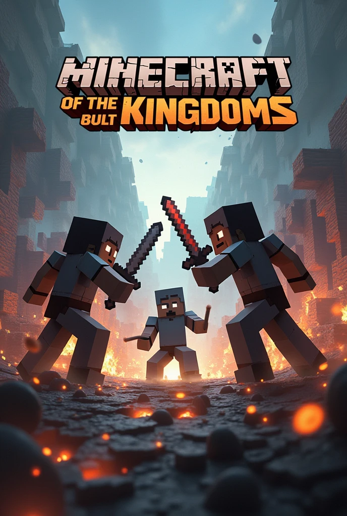 Can you create an image for me in the following way, in the background there would be a Minecraft image of players fighting each other and in the title of the design it would be "WARRIORS OF THE KINGDOMS" With a thicker font and the title has to be in the middle(Leave it in Portuguese, make the Minecraft background image more realistic with Minecraft, don't leave the dolls unmolded and don't change the designer's text for anything.