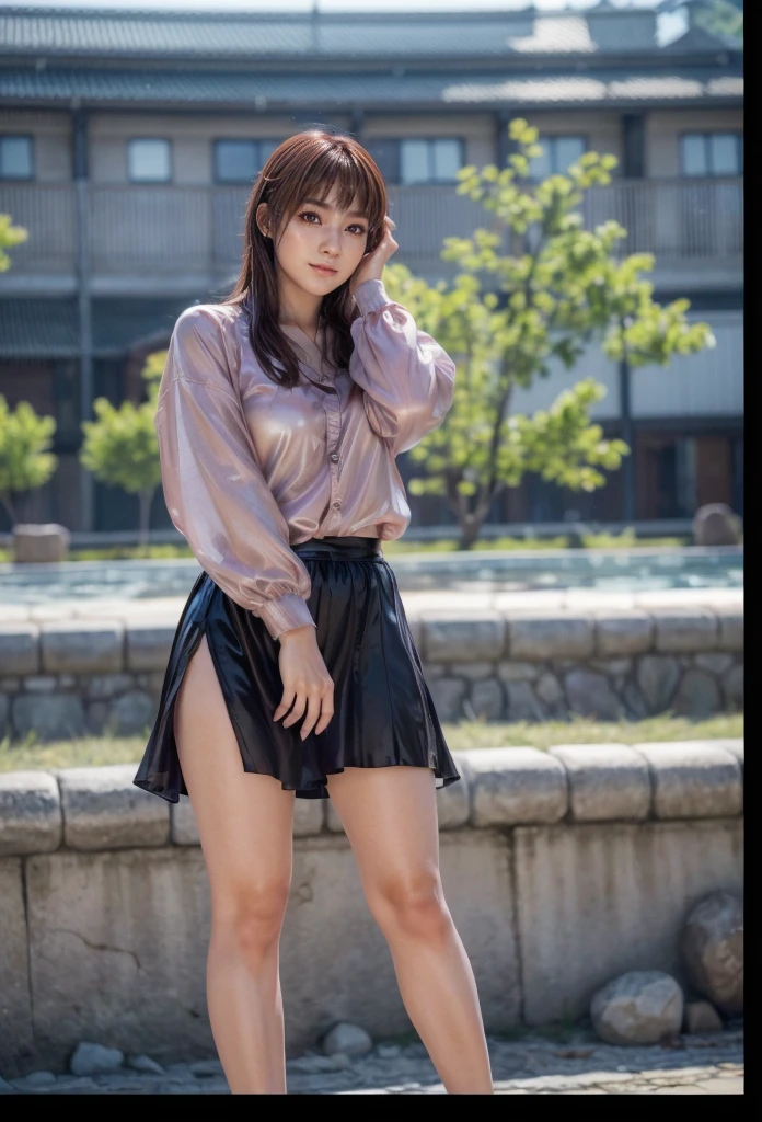 kasumi, eyes browns, (best qualityer, ultra detail), (realisitic:1.37), beautiful and detailed face, ultra-realisitic texture, Exquisite face, Delicate body, red lipgloss stick, shiny colors. High definition, 8k, expression a slight cute smile