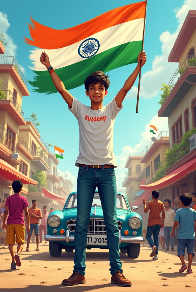 “Illustration of an 18-year-old Indian boy standing next to a luxury car, holding the Indian flag high. The background features a colorful Indian street filled with children running with flags, vendors selling sweets, and a group of men chatting at a tea shop. The boy is wearing jeans and a white t-shirt with ‘Kuldeep’ on it, and the text ‘India First’ is written in 3D at the top.”
