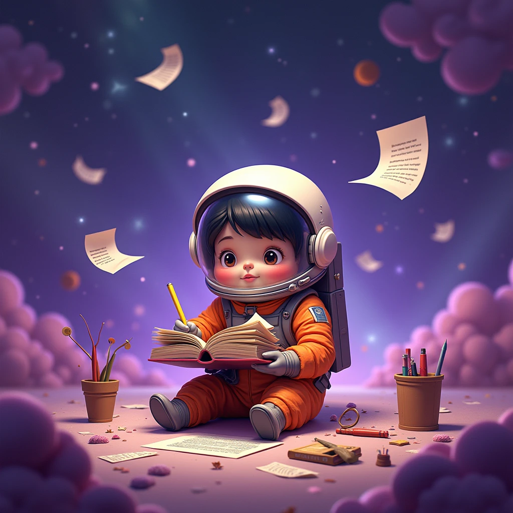 little scriptwriter astronaut avatar sitting in costume, holding scripts equipment, surrounded by script writing doodles elements, in a purple gradient galaxy background