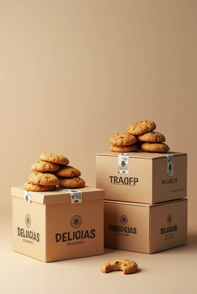 (photorealism:1.2), Show boxes with good packaging and packing WITH TAPE AROUND THE BOXES FOR TRANSPORT and with instructions on how to handle the box. But these boxes should have the company name "DELICIAS GOURMET SA" that makes whole grain cookies with nuts