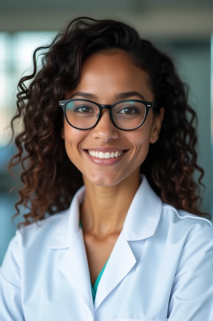 30-year-old woman with brown skin,brown dark eyes,Round face,with prescription glasses,White lab coat of a specialist,Curly hair below the shoulder 