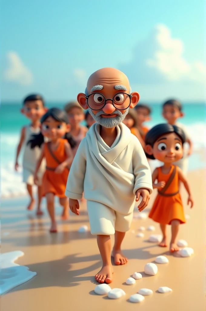 In 3d cartoon style Mahatma Gandhi and his followers walking during the Salt March (Dandi March) in 1930, with the seashore in the background.