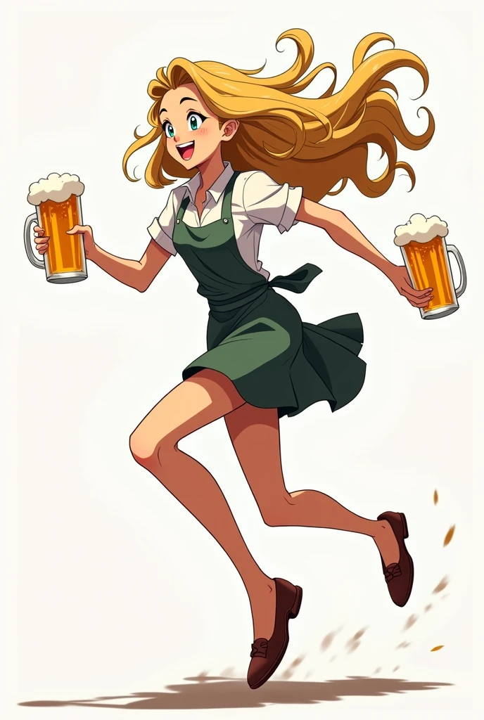 24-year-old woman。She has long blonde hair in vertical curls。With a slender figure、Wearing an apron and a sling。With a beer mug in each hand、Please draw an anime style of someone running around busily.。