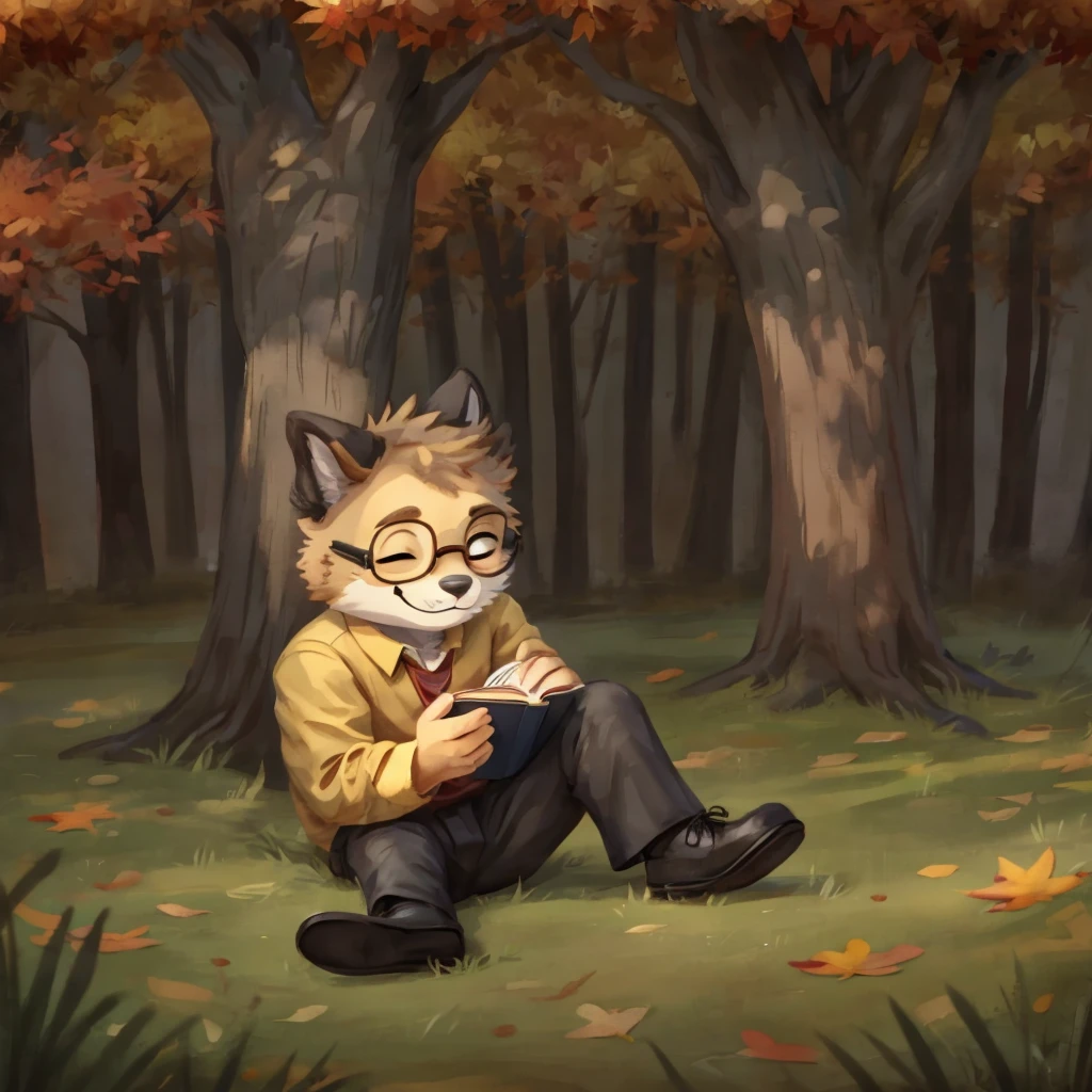 An medium sized anthropomorphic animal sleeping with a red book in his arms, seated under a autumn tree, he has glasses, he's dressed with a yellow-beige shirt, dark gray pants and black shoes.. closed smile, high quality furry art, chibi style.