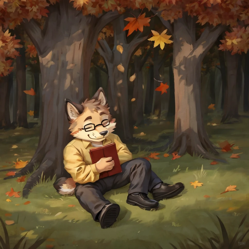 An medium sized anthropomorphic animal sleeping with a red book in his arms, seated under a autumn tree, he has glasses, he's dressed with a yellow-beige shirt, dark gray pants and black shoes.. closed smile, high quality furry art, chibi style.