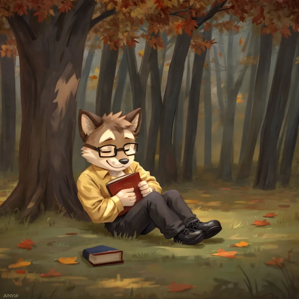 An medium sized anthropomorphic animal sleeping with a red book in his arms, seated under a autumn tree, he has glasses, he's dressed with a yellow-beige shirt, dark gray pants and black shoes.. closed smile, high quality furry art, chibi style.