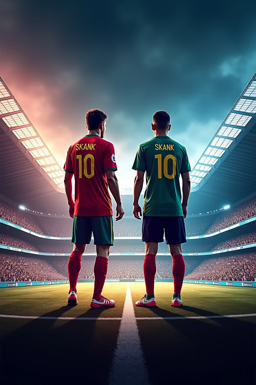 make a sports flyer with two coastal players, both wearing the number 10 shirt and writing SKANK on one's shirt and street students on the other, SKANK with a green shirt and the street students in black and white, and a football stadium from very beautiful background