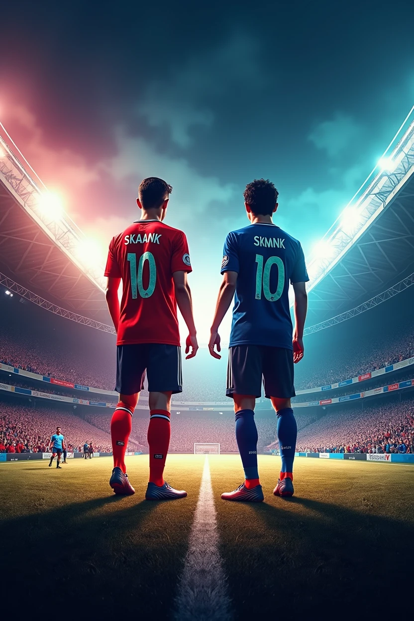 make a sports flyer with two coastal players, both wearing the number 10 shirt and writing SKANK on one's shirt and street students on the other, SKANK with a green shirt and the street students in black and white, and a football stadium from very beautiful background