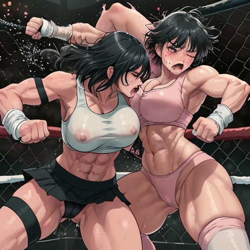 their punches are hitting to each other's cheeks. they are beating each other so hard. two bloody beautiful Japanese female heavyweight fighters are looking at each eyes. survival battle. dynamic exciting action in the octagon fighting ring. whole body picture. they are covered in scars and bruises. they are damaged terribry. Short-cut black hair, out of breath, drooling from mouth, one eye closed, exhausted, drenched in sweat. Erect nipples. open finger glove.  Ragged white and pink sports bra, high leg panty, Stockings. armwarmers. Whittled waistline, Muscular, six pack abs, very thick arms and thighs, super huge tits.