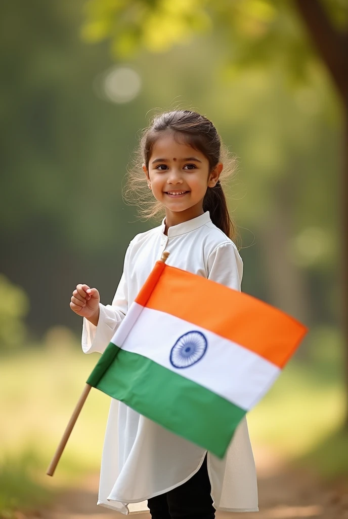 4  girl holding Indian flag in her hand, wearing white kurti and black leggings.