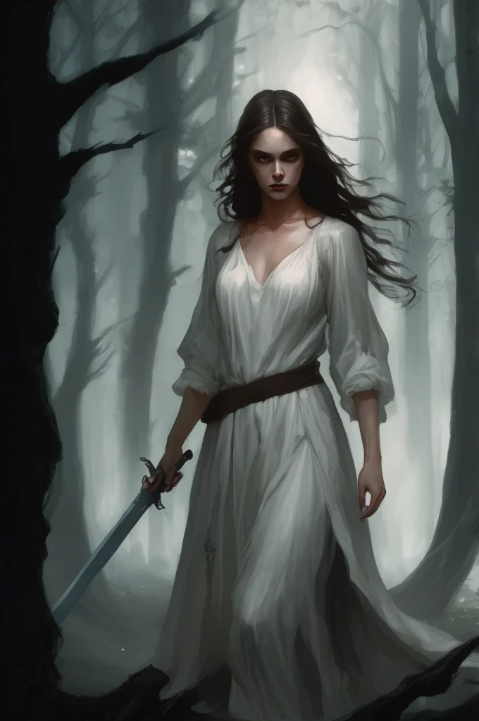 Long-haired dark fantasy, wavy and brown with large, brown almond-shaped eyes. She is in a dark forest. The girl wears a long white dress that is covered in blood. She holds a sword undefined, undefined, undefined,