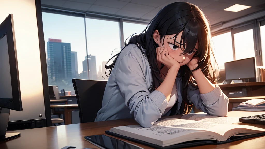 Create an image of a frustrated and anxious student studying in front of a computer