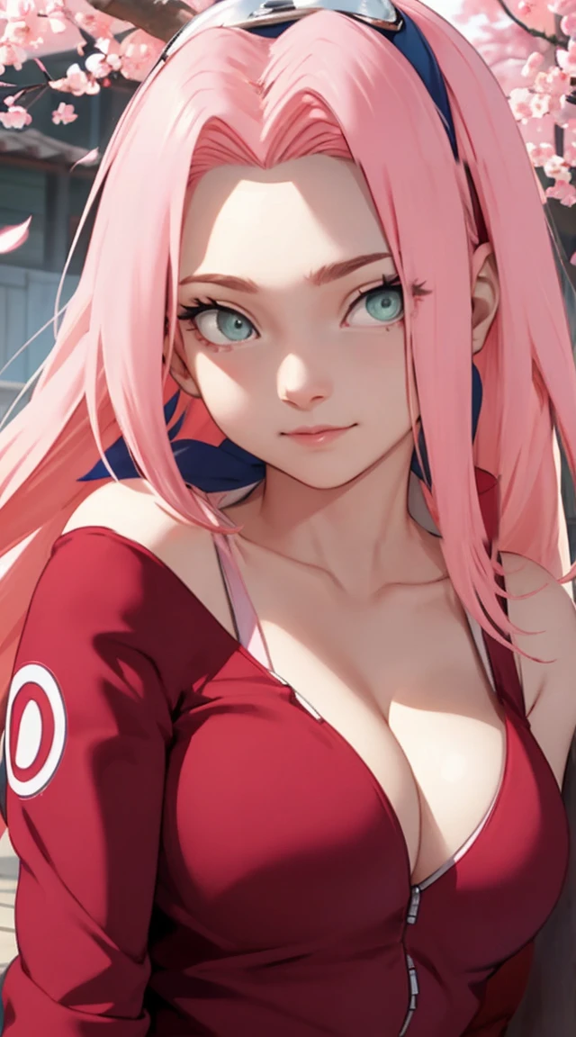 tmasterpiece， Best quality at best， 1girll， Sakura Haruno， Large breasts，Off-the-shoulder attire，（cleavage)，（upperbody closeup)，Raised sexy，is shy，ssmile，with pink hair， long whitr hair， （Green eyeballs:1.4)， Forehead protection， the cherry trees，Cherry blossoms flying，Red clothes，Zipper half, deep cleavage, revealing clothes,