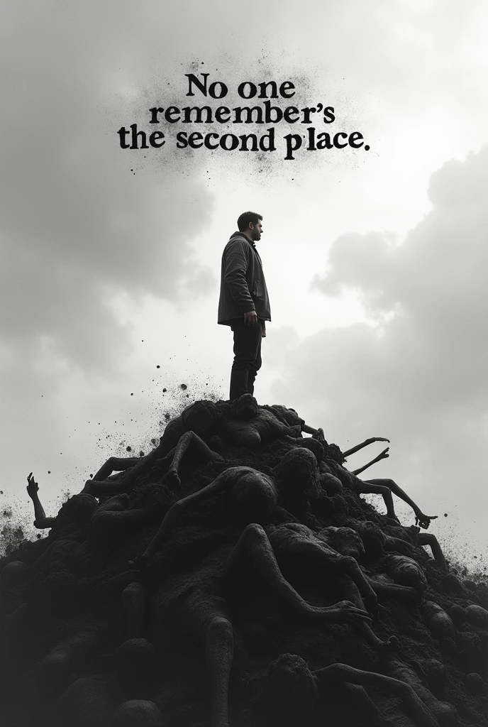 A man on top of a pile of bodies looking up, in the background of the sky the phrase "No one remembers the second place."
(Black and white image in wallpaper style)