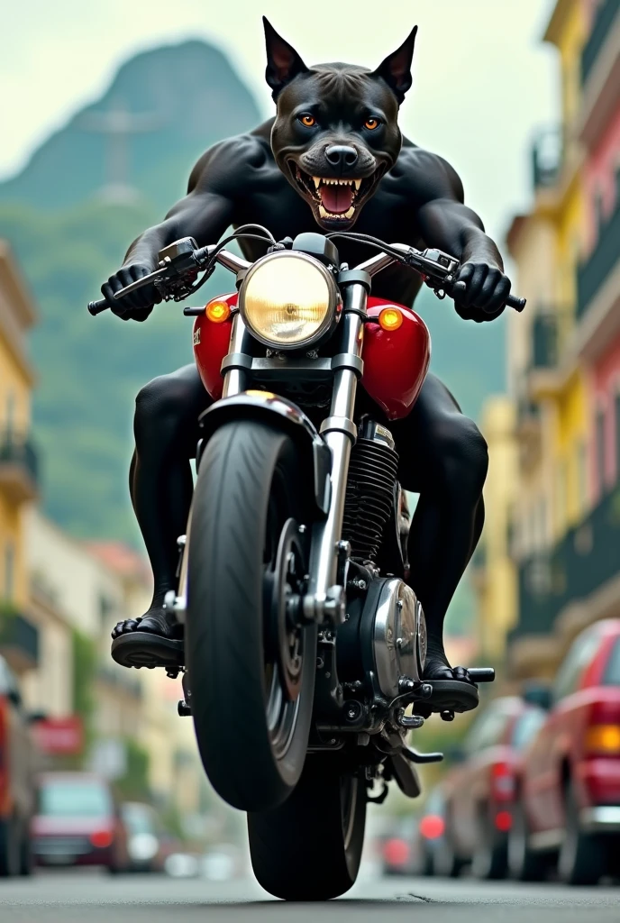 A black pit bull dog with white teeth and red eyes doing a wheelie on a Honda 180 motorcycle with one wheel raised in Rio de Janeiro