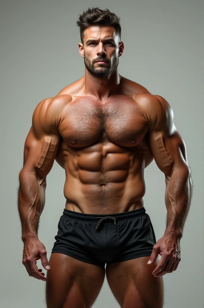 Man with open, hairy legs wearing short shorts and a large bulge.