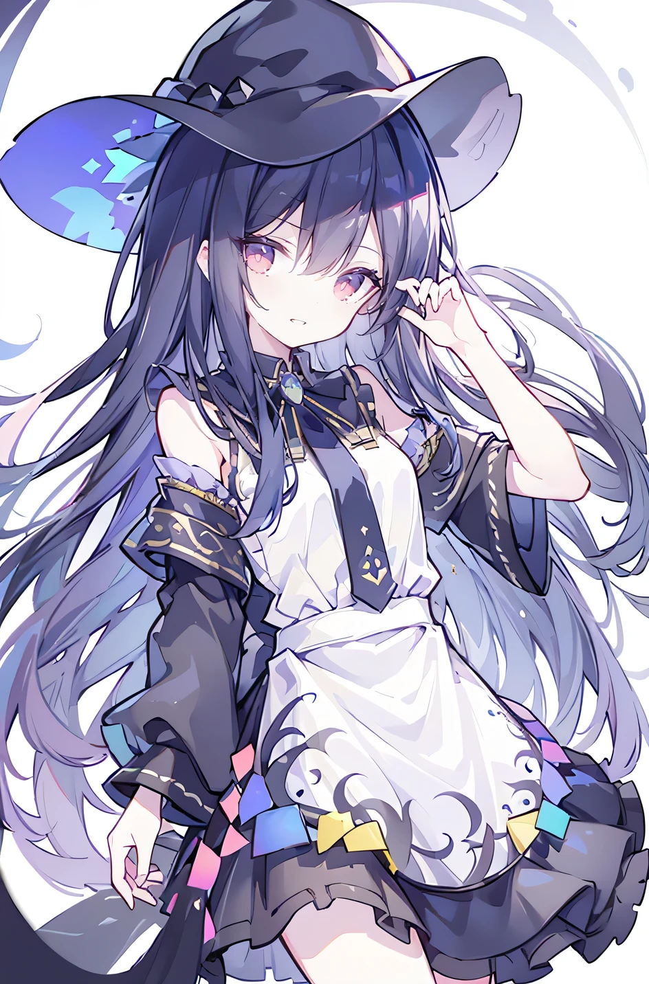 oung Girls,Humanity,A magician always smiles,big witch hat,cute,dark blue long hair,The eyes are dull,The bangs are heavy,Thin eyebrows,fantasy,intake,Double teeth,Star Theme,Constellation pattern,Solid color clothetal decoration,cloak,A bit of a dark atmosphere,A little crazy smile,When the big moon shines outside at night,blood,Hair black star embellishment,Short tie,No nails,High waist skirt,Bell sleeves,Long-sleeved shirt,Black tie,low risk,gentlemen。Mist、Yellow and white effect,Shocking pink as an accent color