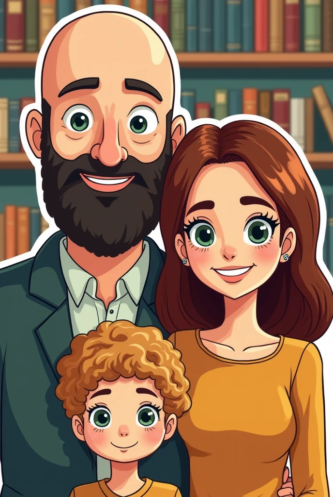 A family, A white man, Cao Cao, calvo, black beard, greeneyes, ao lado de uma mulher white de greeneyes com o cabelo castanho-acobreado, straight and without bangs parted in the middle, next to an 18 year old girl, white, greeneyes, curly and blonde hair, in a bookstore, illustration style, sticker