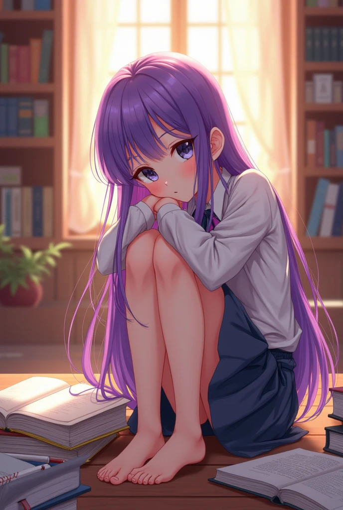 Anime girl with purple hair sitting barefoot and studying