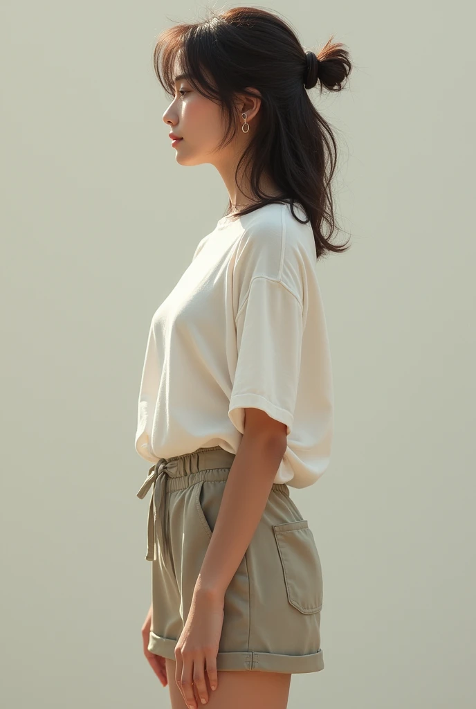 Full body side view of a woman wearing a shirt and shorts