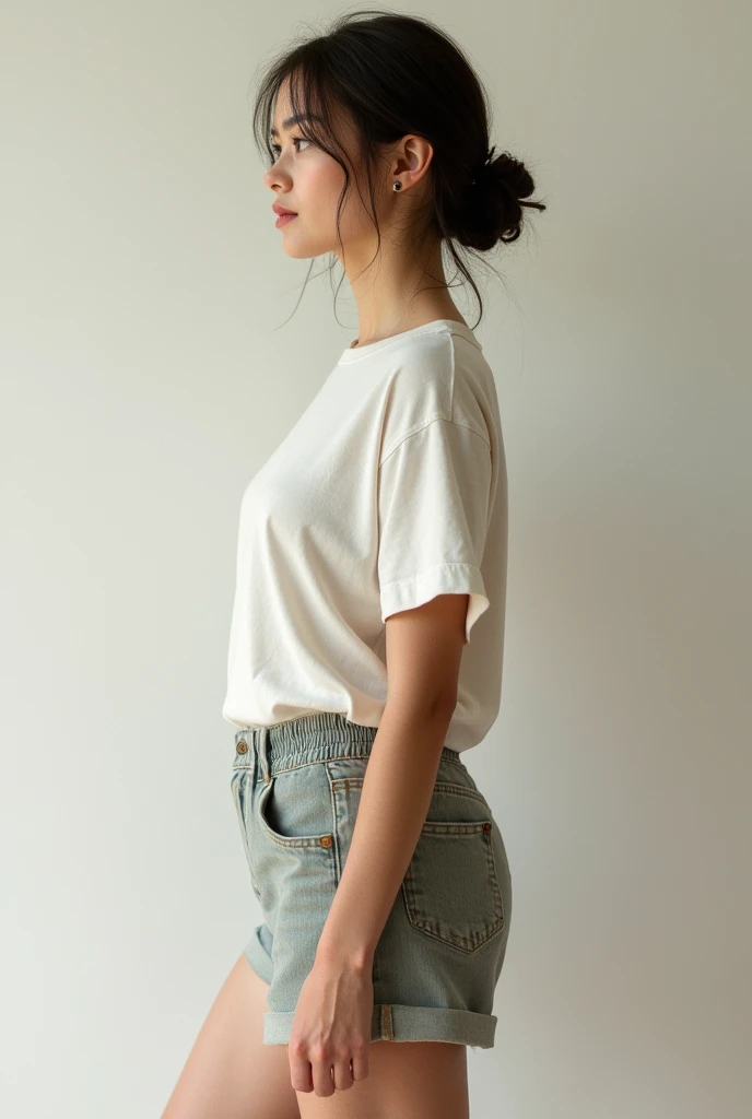Full body side view of a woman wearing a shirt and shorts