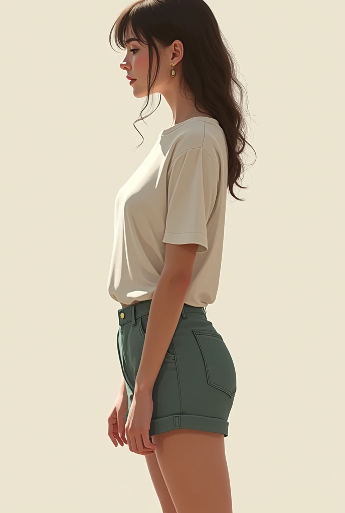 Full body side view of a woman wearing a shirt and shorts