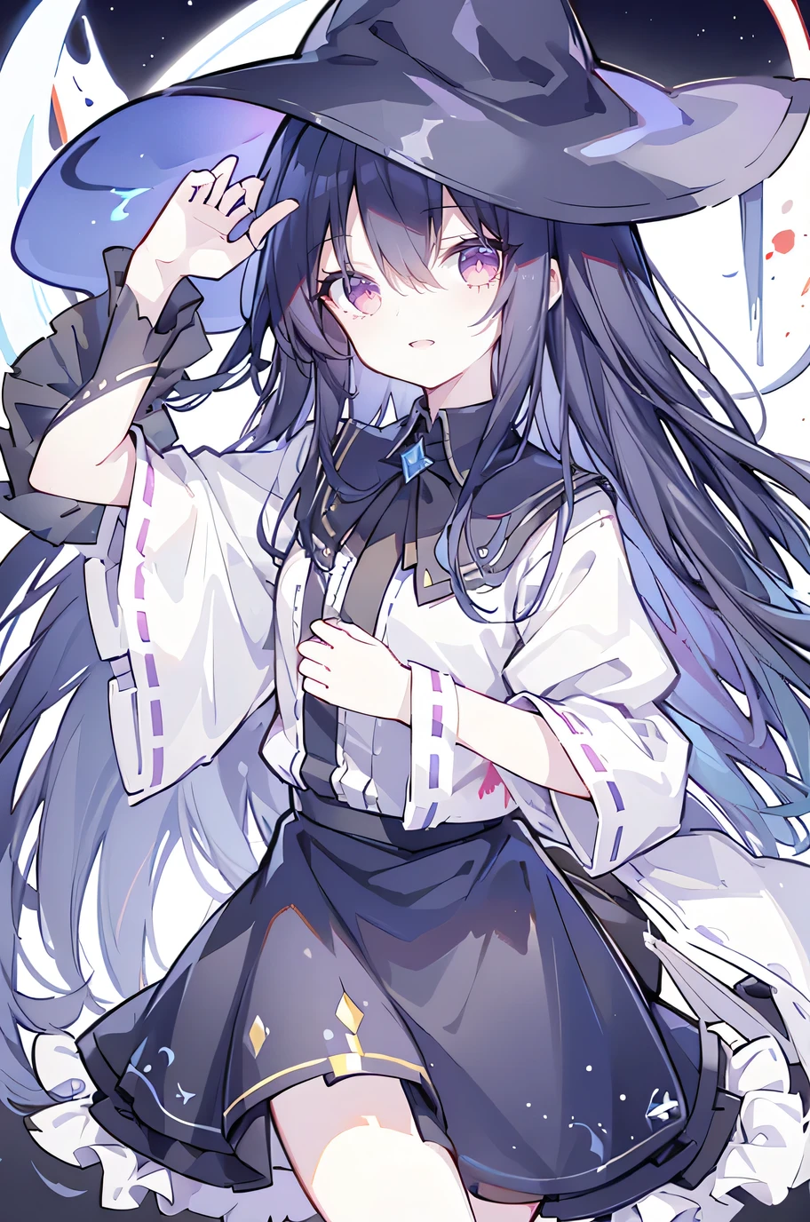 oung Girls,Humanity,A magician always smiles,big witch hat,cute,dark blue long hair,The eyes are dull,The bangs are heavy,Thin eyebrows,fantasy,intake,Double teeth,Star Theme,Constellation pattern,Solid color clothetal decoration,cloak,A bit of a dark atmosphere,A little crazy smile,When the big moon shines outside at night,blood,Hair black star embellishment,Short tie,No nails,High waist skirt,Bell sleeves,Long-sleeved shirt,Black tie,low risk,gentlemen。Mist、Yellow and white effect,Shocking pink as an accent color