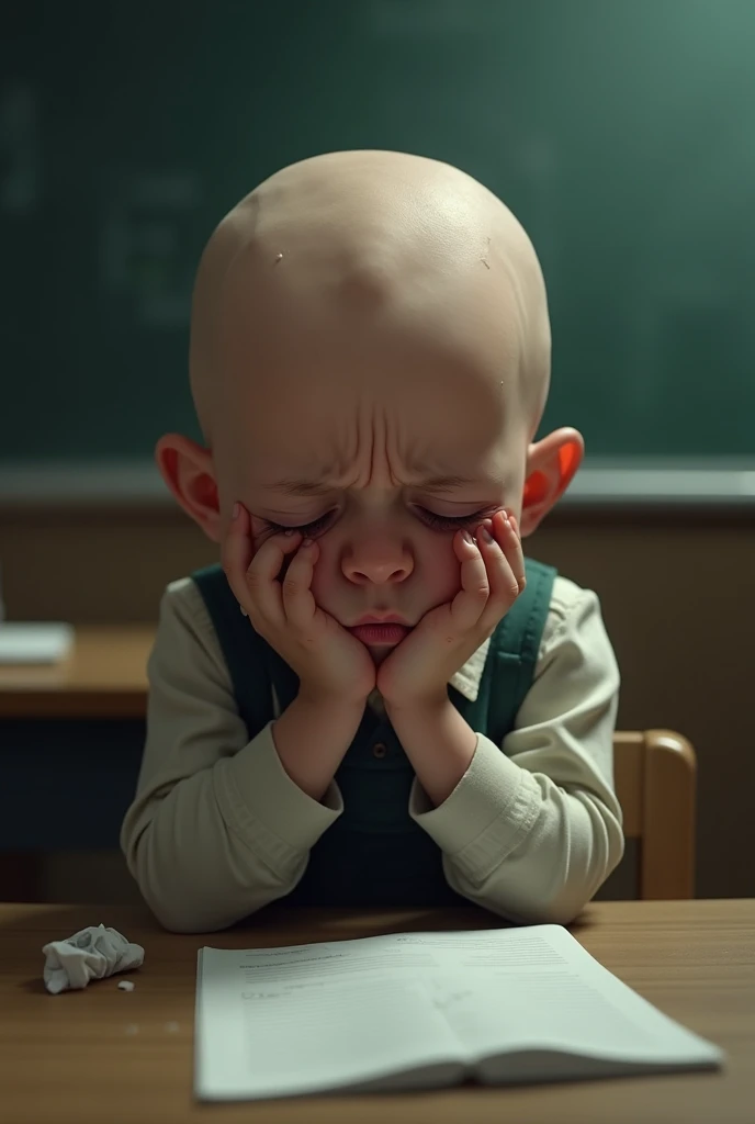 A bald child in school is crying
