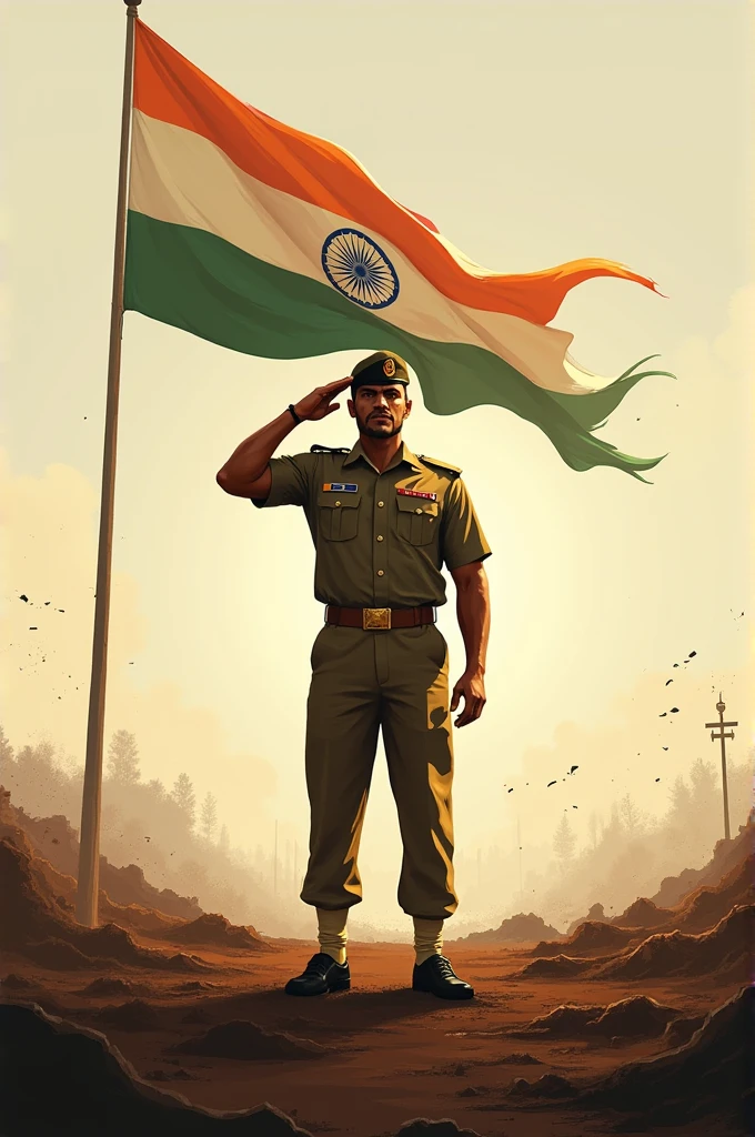 A man saluting and showing his body background off india, flag, orange white cream and war field and independence day of india.Seventy eight independence day