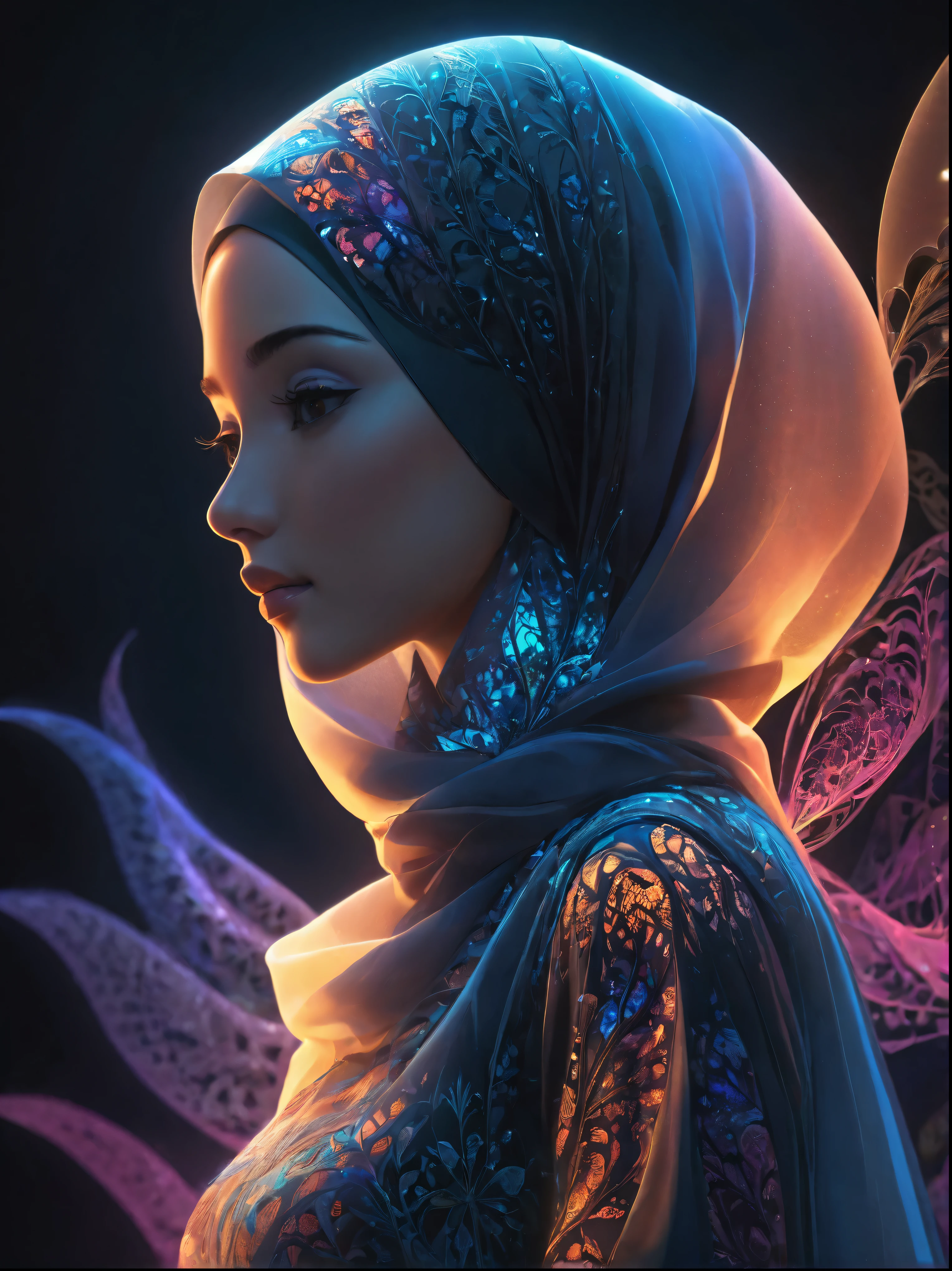 beautiful hijab woman with glowing translucent fractal skin, full body, swirling organic patterns, vibrant, ultra hd, vivid colors, perfect composition, soft natural volumetric cinematic lighting, amazing shadows, black silhouette, volumetric light,