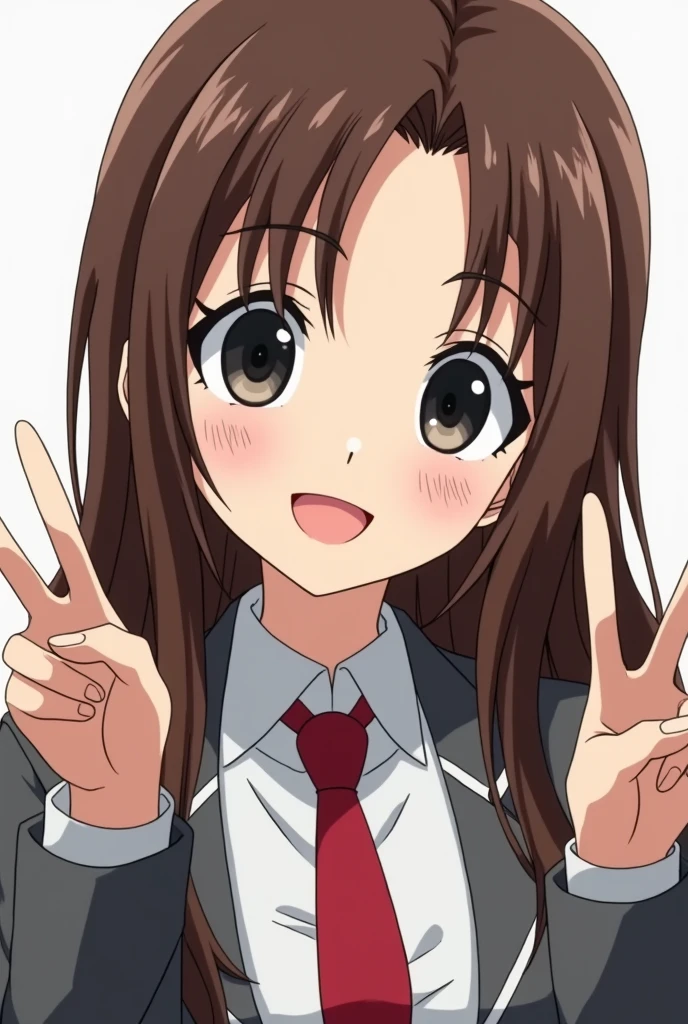 screenshot Boku no hero academia young latina woman. brown hair with fringes and some light pink strands, large black eyes with black eyeliner under the eyes. He is smiling making peace sign, he wears red tie and gray jacket.