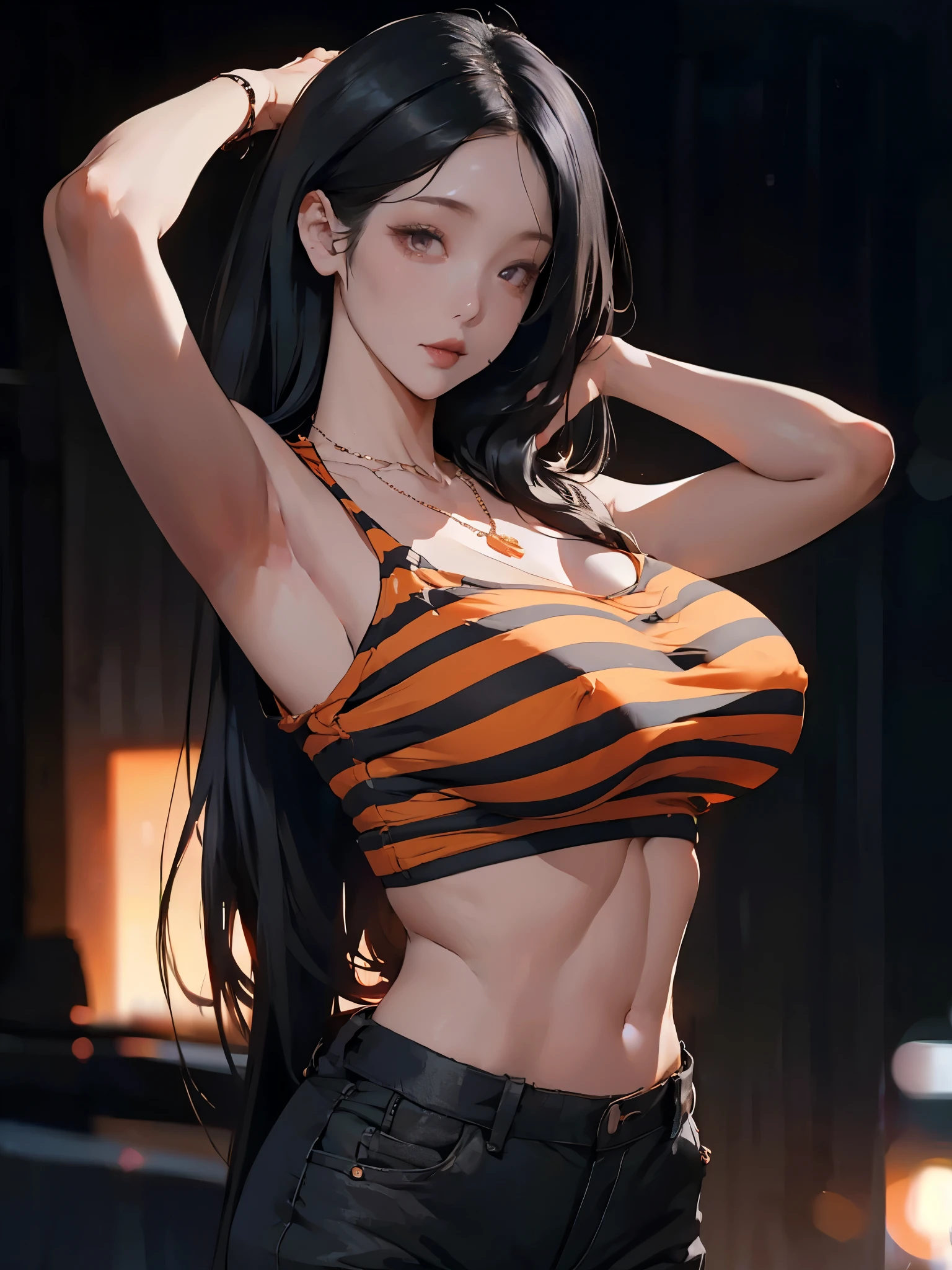 1girl, standing, raised arm, hand behind head, detailed face, looking at viewer, long black hair, middle parted hair, striped orange crop top, full breasts, (gigantic breasts), layered statement necklace, sharp focus, warm amber lighting filter, smoke, dark background, blurry background, bokeh,