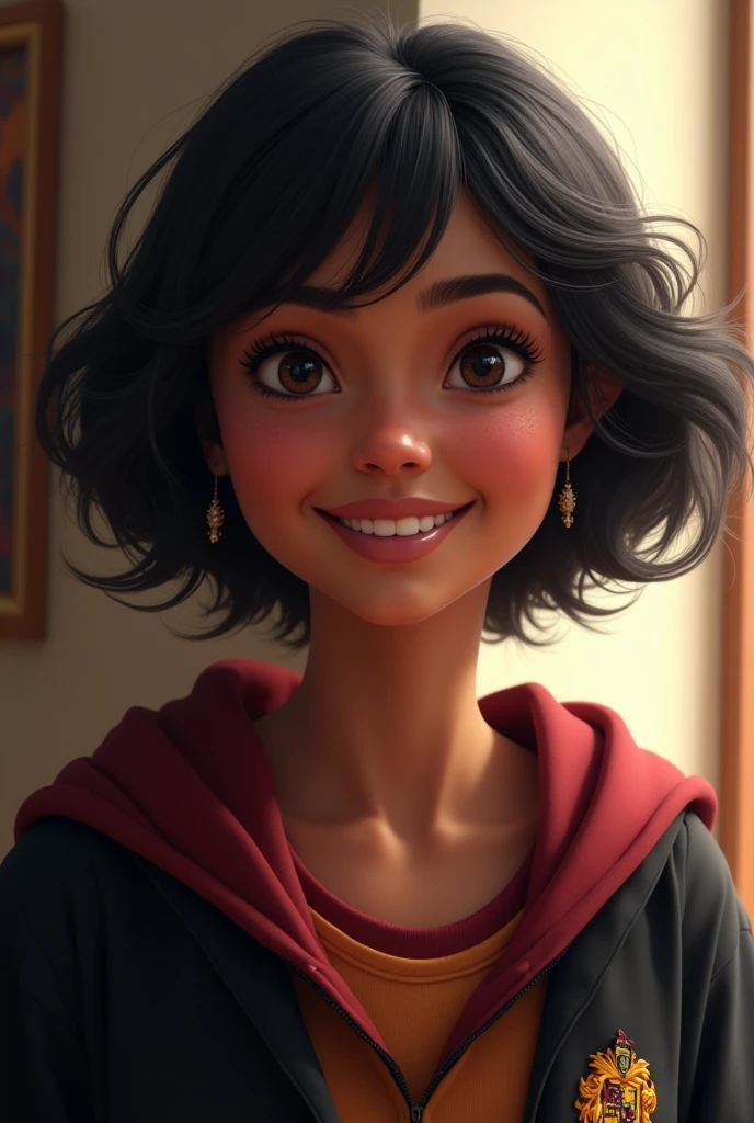 Pretty girl , short wavy hair black , fat ,big smile , wearing griffendor robes dark skin FAA